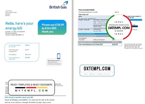editable template, United Kingdom British Gas utility bill template in Word and PDF format (2 pages), version 3