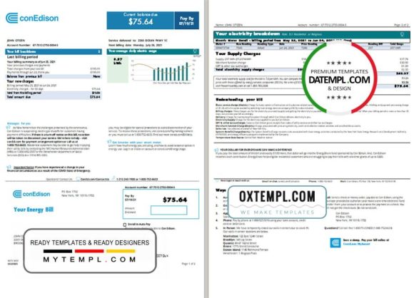 editable template, USA Con Edison utility bill template in Word and PDF format, 2 pages (2021 April - present)