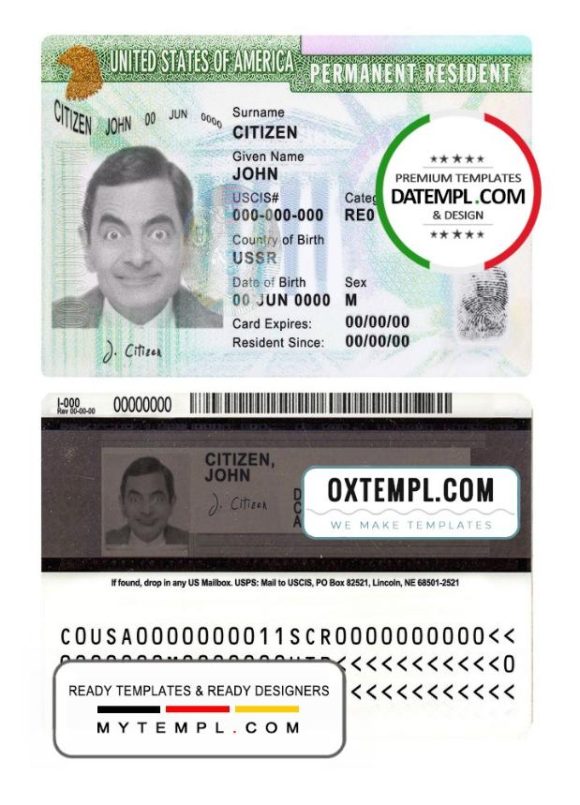 editable template, USA green card, permanent resident card template in PSD format, fully editable