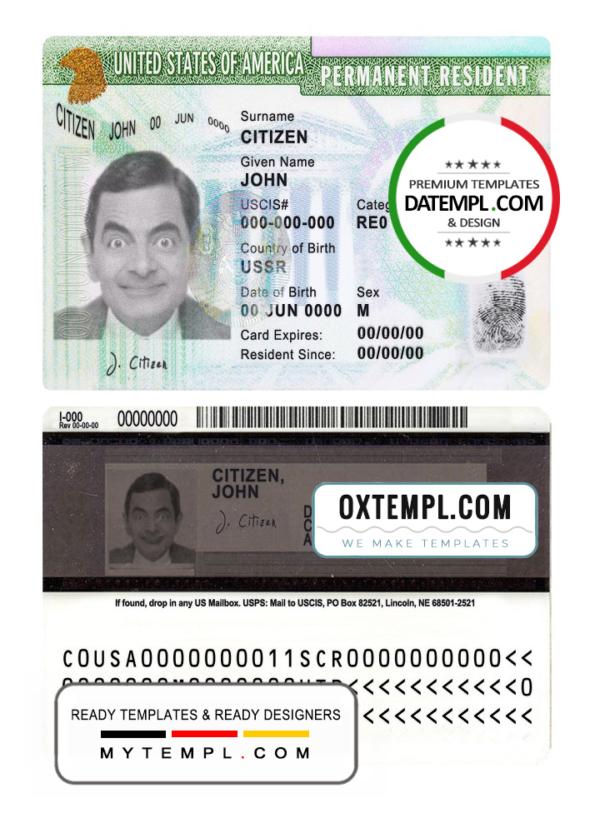 editable template, USA green card, permanent resident card template in PSD format, fully editable