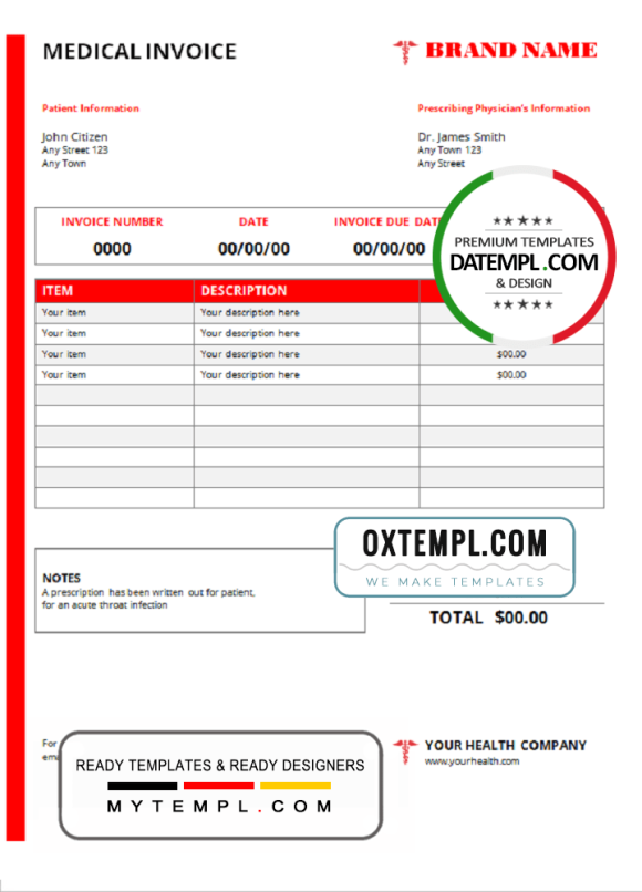 editable template, # red health medical universal multipurpose invoice template in Word and PDF format, fully editable