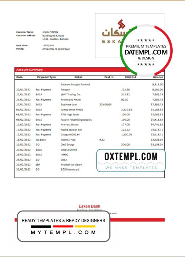 editable template, Bahrain Eskan Bank statement template in Word and PDF format