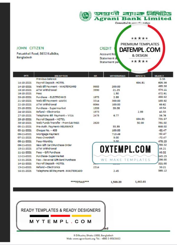 editable template, Bangladesh Agrani Bank statement template in Word and PDF format