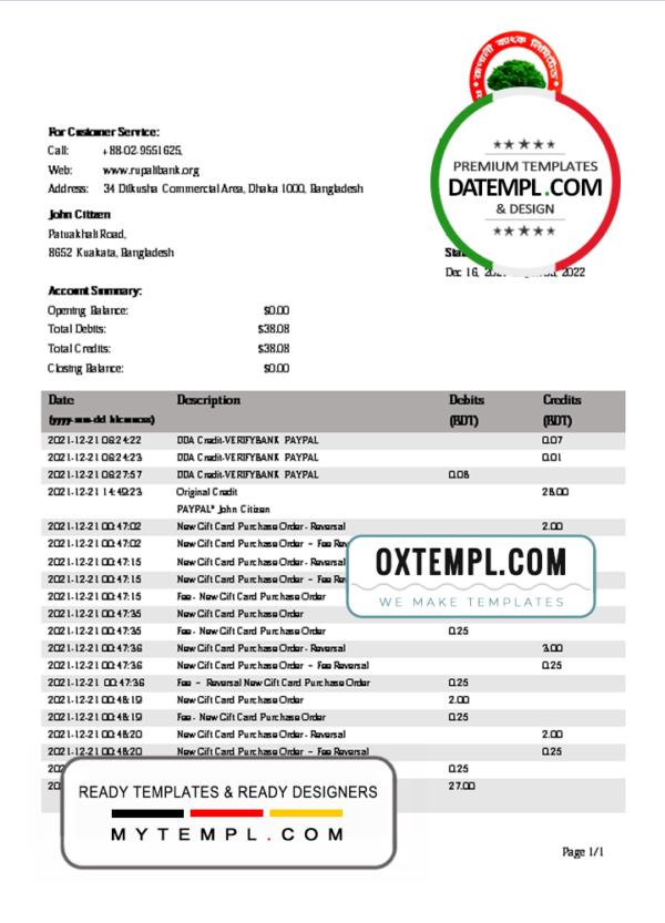 editable template, Bangladesh Rupali Bank statement template in Word and PDF format
