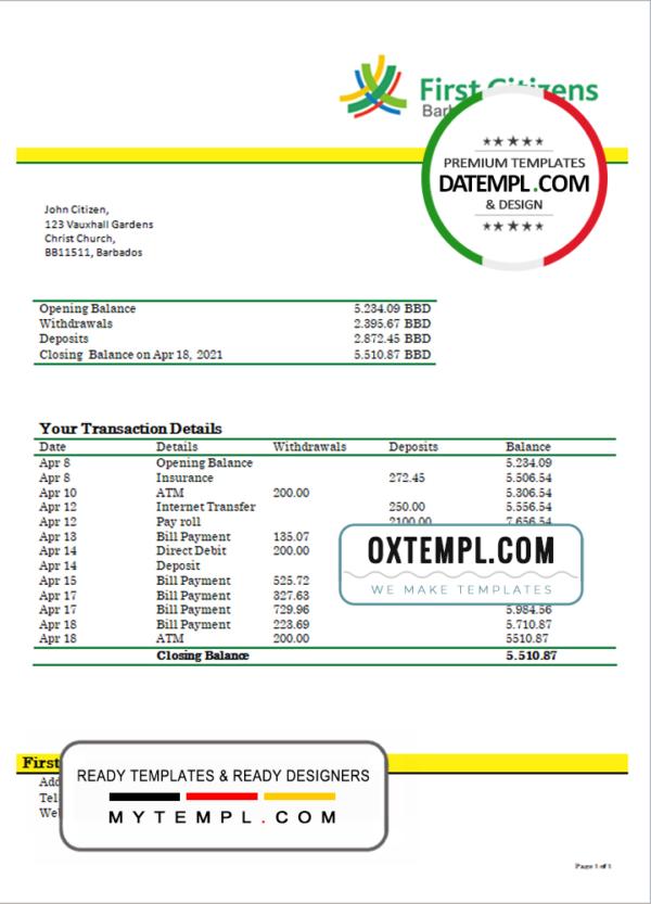 Barbados First Citizens bank statement template in .doc and .pdf format