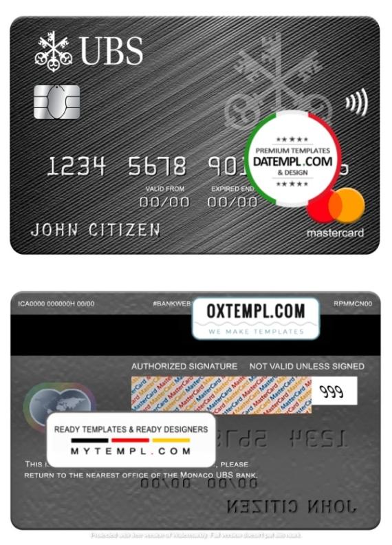 editable template, Monaco UBS bank mastercard, fully editable template in PSD format