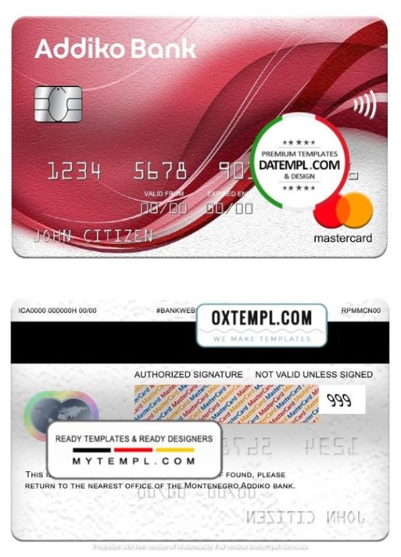 editable template, Montenegro Addiko bank mastercard, fully editable template in PSD format