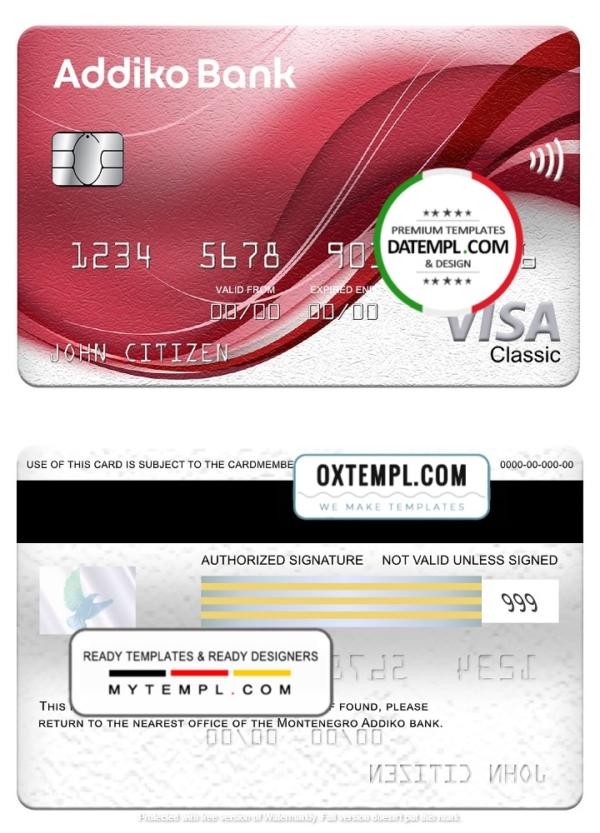 editable template, Montenegro Addiko bank visa classic card, fully editable template in PSD format