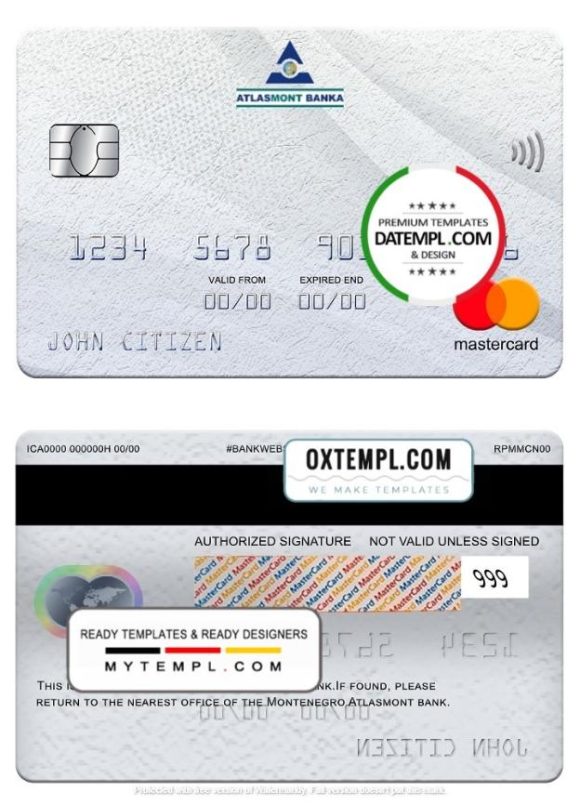 editable template, Montenegro Atlasmont bank mastercard, fully editable template in PSD format