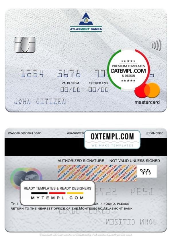 editable template, Montenegro Atlasmont bank mastercard, fully editable template in PSD format