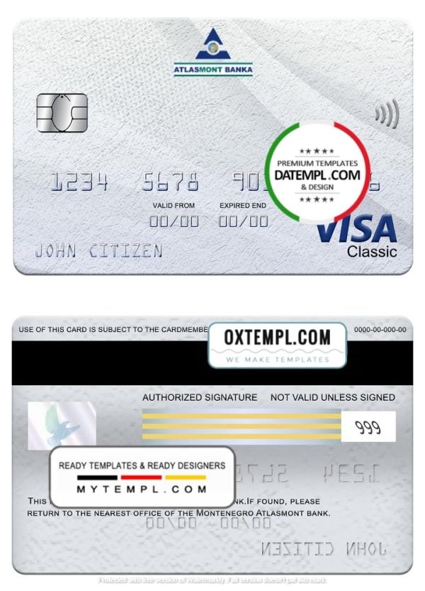 editable template, Montenegro Atlasmont bank visa classic card, fully editable template in PSD format