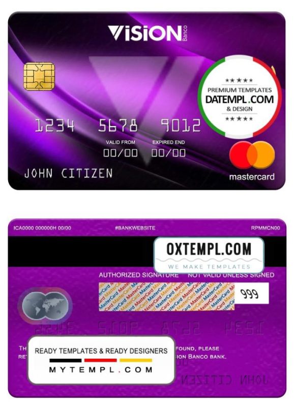editable template, Paraguay Vision Banco bank mastercard, fully editable template in PSD format