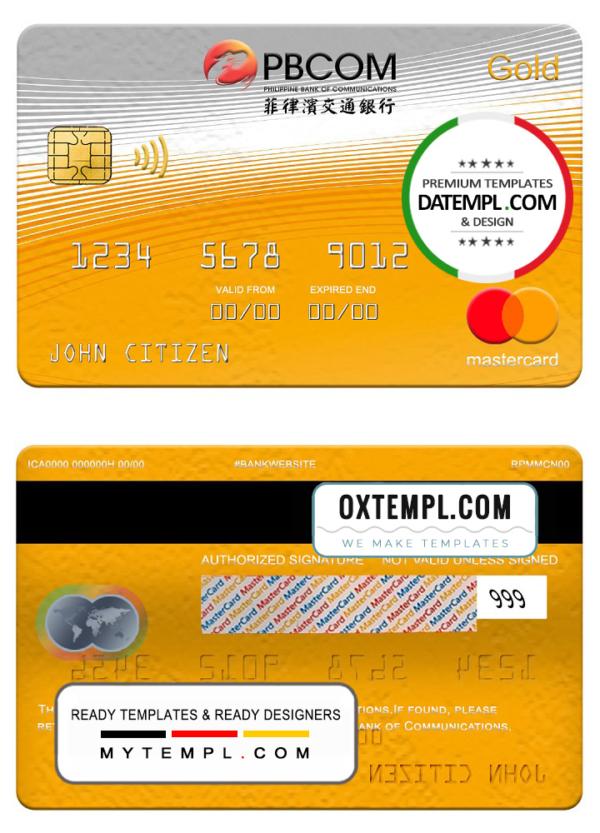 editable template, Philippines bank of Communications mastercard gold, fully editable template in PSD format