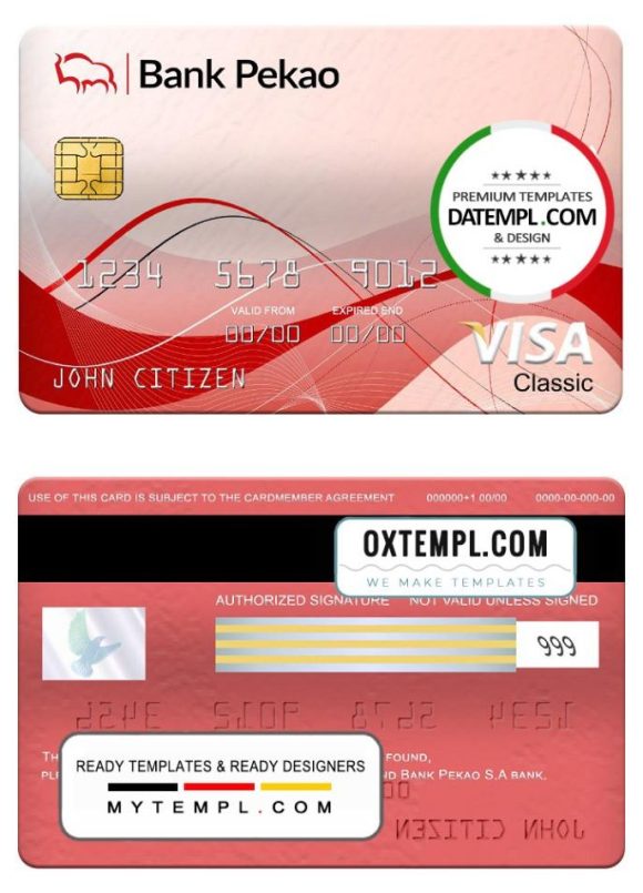 editable template, Poland bank Pekao S.A bank visa classic card, fully editable template in PSD format