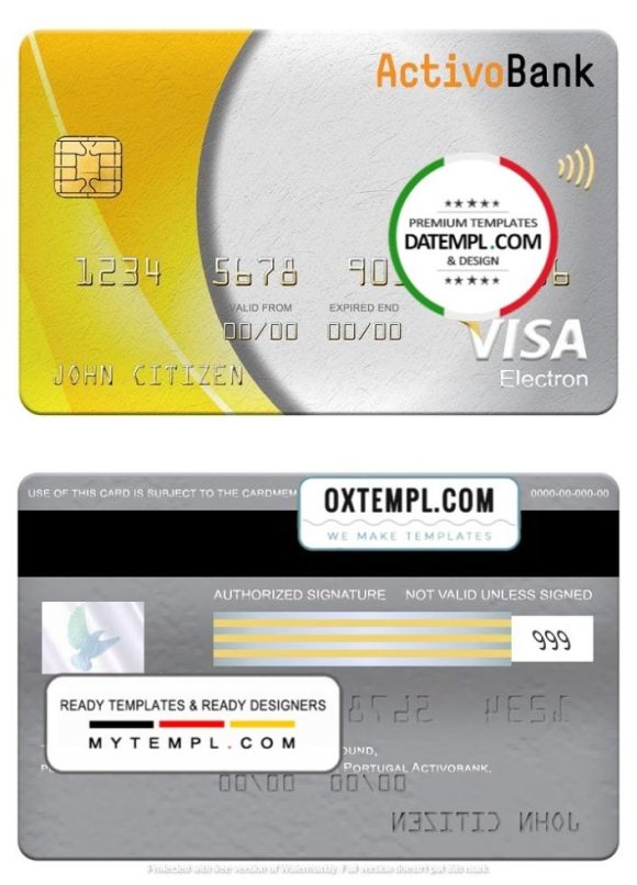 editable template, Portugal Activobank S.A. bank visa electron card, fully editable template in PSD format