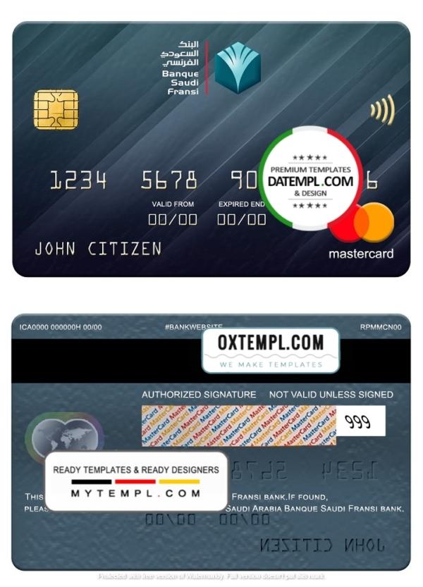 editable template, Saudi Arabia Banque Saudi Fransi bank mastercard, fully editable template in PSD format
