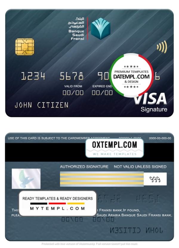 editable template, Saudi Arabia Banque Saudi Fransi bank visa signature card, fully editable template in PSD format