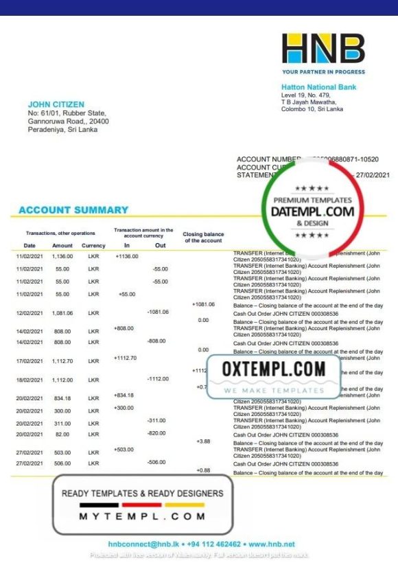 editable template, Sri Lanka Hatton National Bank statement template in Word and PDF format