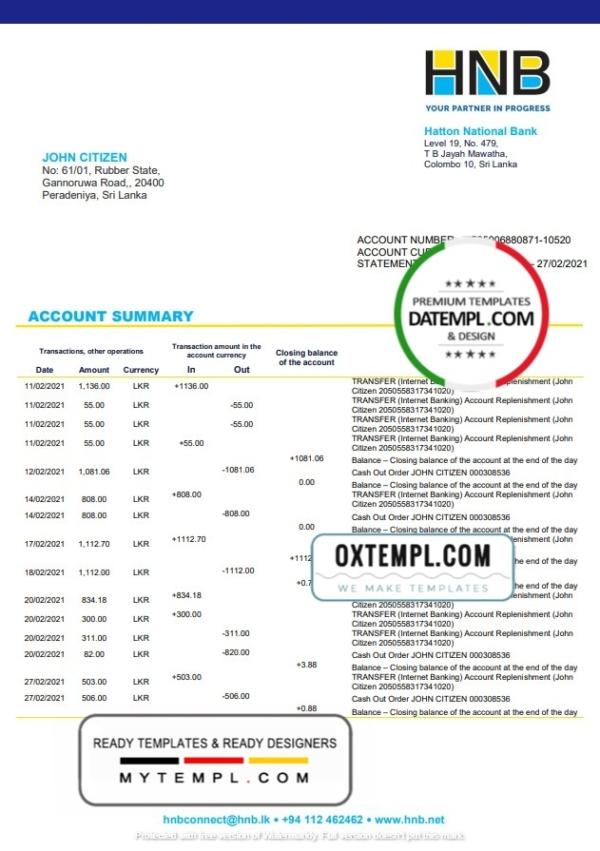 editable template, Sri Lanka Hatton National Bank statement template in Word and PDF format