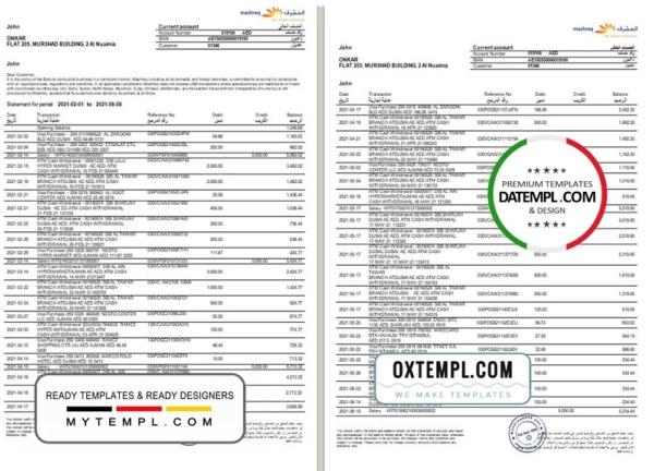 editable template, UAE Mashreq bank statement template in Word and PDF format, 3 pages