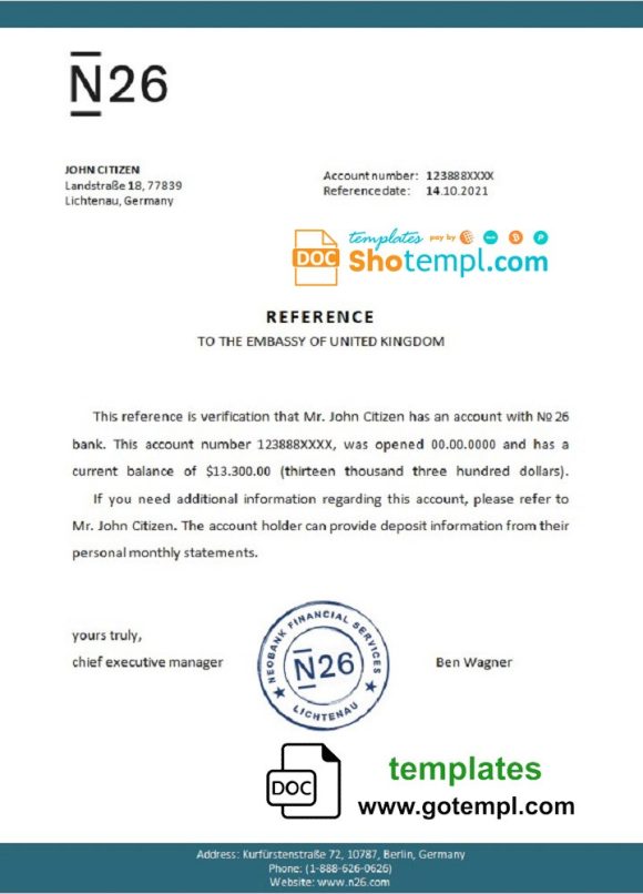 editable template, Germany N26 bank account reference letter template in Word and PDF format