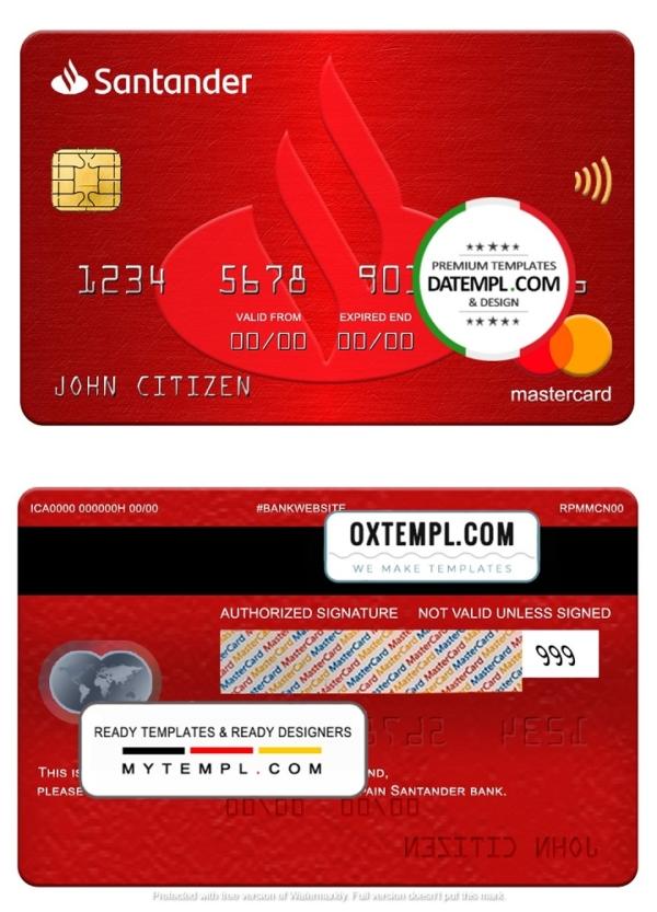 editable template, Spain Santander bank mastercard, fully editable template in PSD format