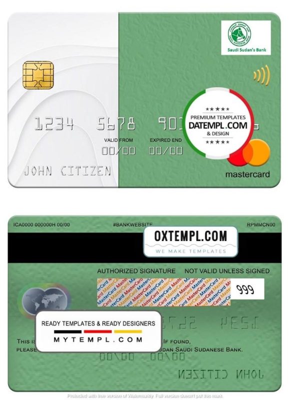 editable template, Sudan Saudi Sudanese Bank mastercard, fully editable template in PSD format
