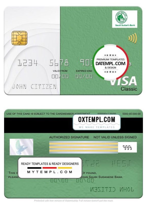 editable template, Sudan Saudi Sudanese Bank visa classic card, fully editable template in PSD format
