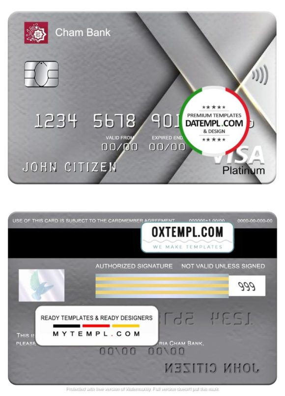 editable template, Syria Cham Bank visa platinum card, fully editable template in PSD format