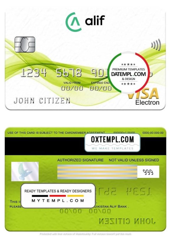 editable template, Tajikistan Alif Bank visa electron card, fully editable template in PSD format