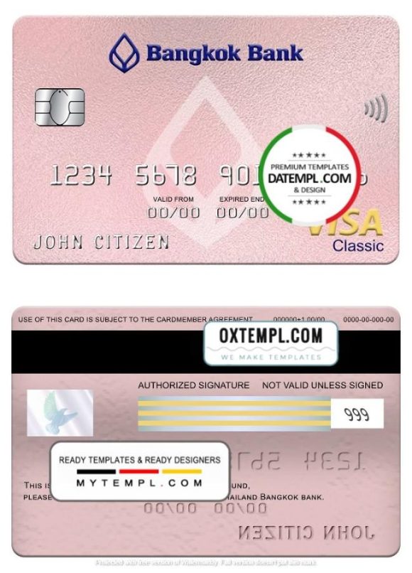 editable template, Thailand Bangkok bank visa classic card, fully editable template in PSD format