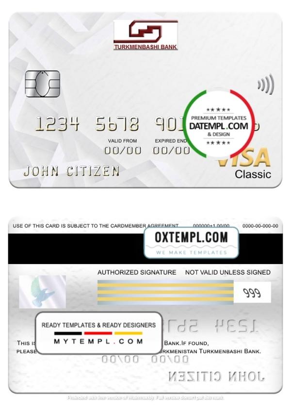 editable template, Turkmenistan Turkmenbashi Bank visa classic card, fully editable template in PSD format