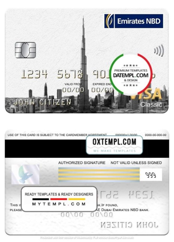 editable template, UAE Dubai Emirates NBD bank visa classic card, fully editable template in PSD format