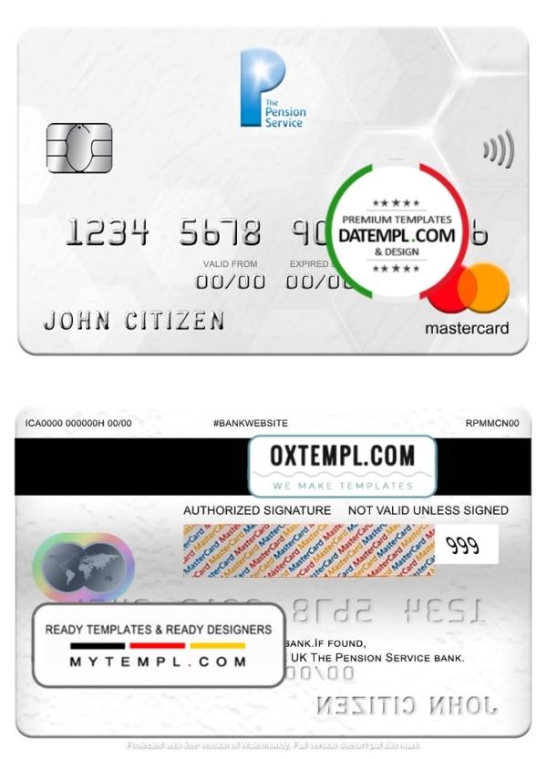 editable template, United Kingdom The Pension Service bank mastercard, fully editable template in PSD format