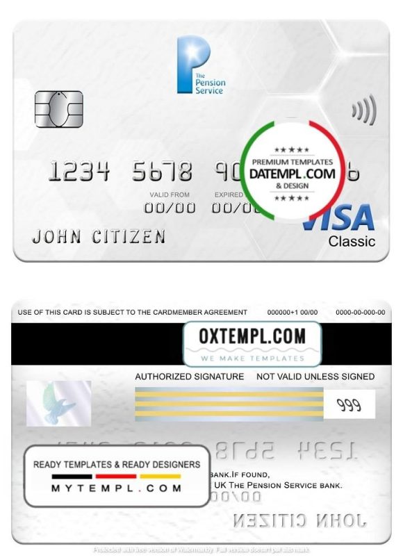 editable template, United Kingdom The Pension Service bank visa classic card, fully editable template in PSD format
