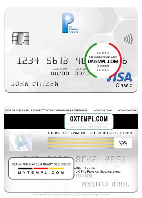 editable template, United Kingdom The Pension Service bank visa classic card, fully editable template in PSD format