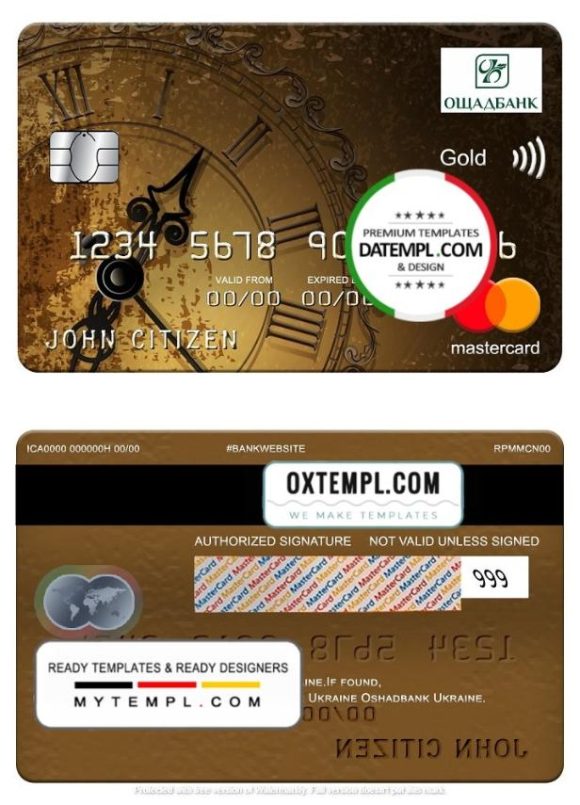 editable template, Ukraine Oshadbank mastercard gold, fully editable template in PSD format