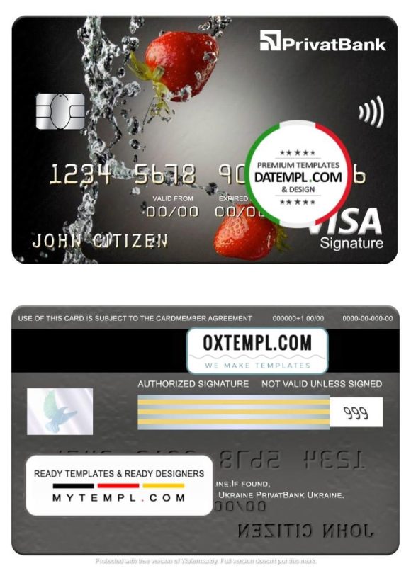 editable template, Ukraine PrivatBank visa signature card, fully editable template in PSD format