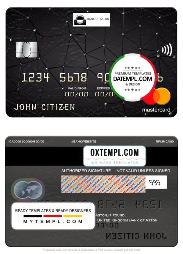 editable template, United Kingdom Bank of Aston bank mastercard, fully editable template in PSD format