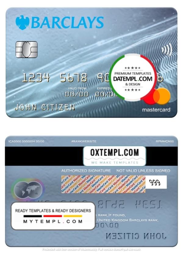 editable template, United Kingdom Barclays bank mastercard, fully editable template in PSD format