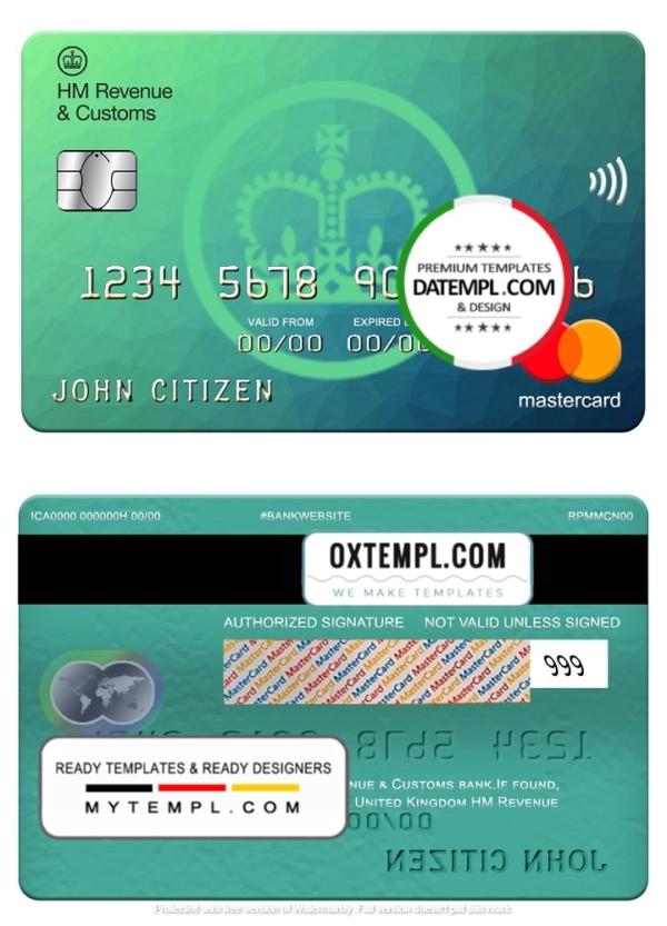 editable template, United Kingdom HM Revenue & Customs bank mastercard, fully editable template in PSD format