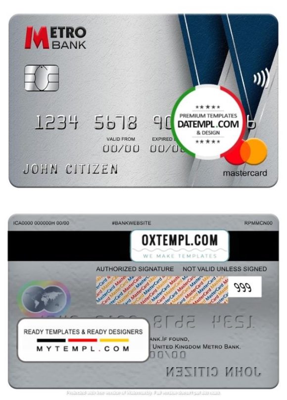 editable template, United Kingdom Metro Bank mastercard, fully editable template in PSD format
