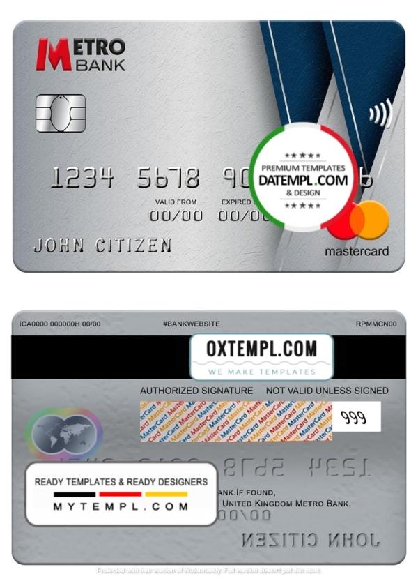editable template, United Kingdom Metro Bank mastercard, fully editable template in PSD format