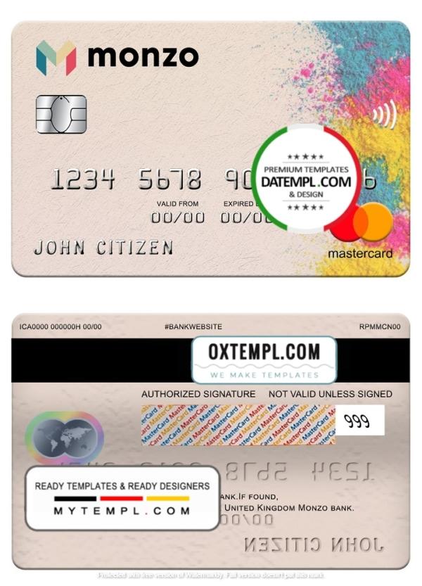 editable template, United Kingdom Monzo bank mastercard, fully editable template in PSD format