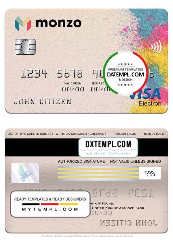 editable template, United Kingdom Monzo bank visa electron card, fully editable template in PSD format
