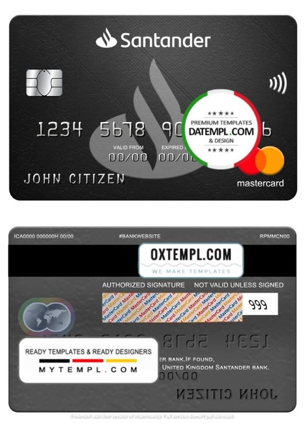 editable template, United Kingdom Santander bank mastercard, fully editable template in PSD format