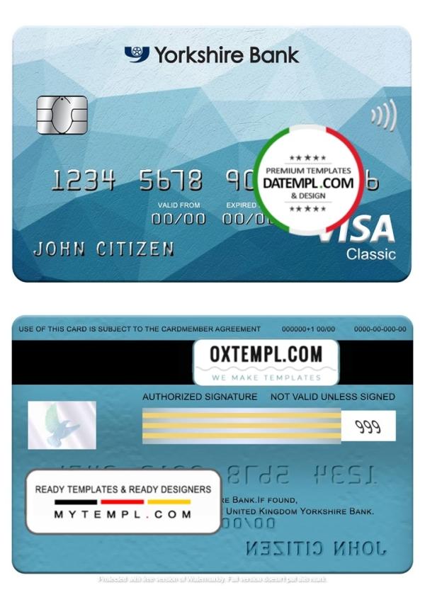 editable template, United Kingdom Yorkshire Bank visa classic card, fully editable template in PSD format