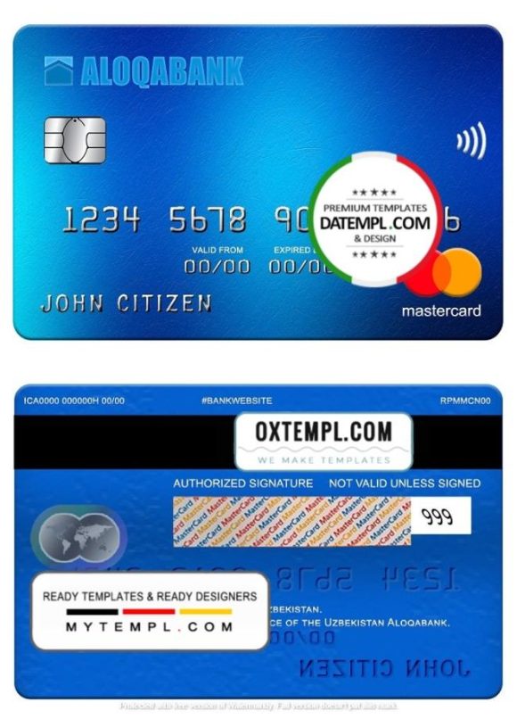 editable template, Uzbekistan Aloqabank mastercard, fully editable template in PSD format