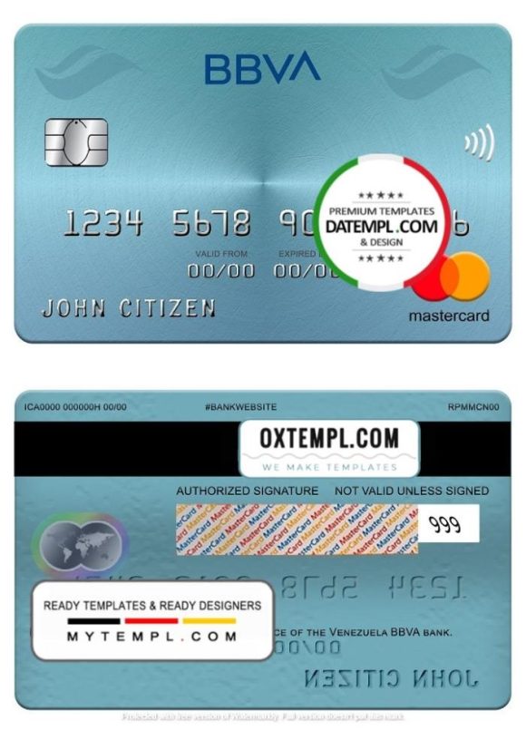 editable template, Venezuela BBVA bank mastercard, fully editable template in PSD format