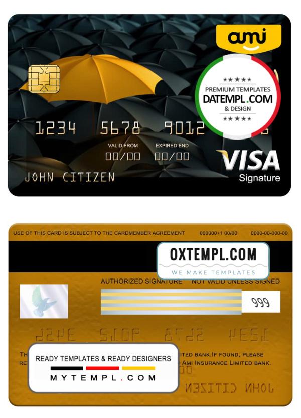 editable template, New Zealand Ami Insurance Limited bank visa signature card, fully editable template in PSD format